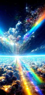 Vivid cosmic rainbow sky wallpaper with radiant colors and celestial views.