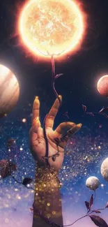 Majestic hand reaching planets in cosmic-themed wallpaper.