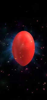 Red sphere glowing against starry cosmic background.