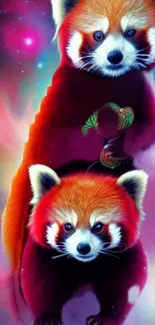 Vivid depiction of two red pandas in a colorful galaxy backdrop.