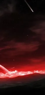 Cosmic red landscape wallpaper with stars and a mysterious planet.