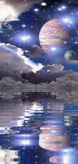 Scenic cosmic landscape with stars, planets, and a reflective water surface.