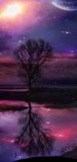 A cosmic landscape with a tree and starry sky reflecting in water.