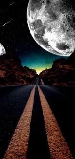 Surreal cosmic road with dual moons in a starry night sky on mobile wallpaper.