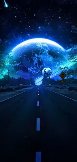 Cosmic road leading to a glowing planet under a starry sky.