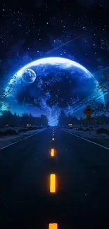 Surreal cosmic road under a starry sky.