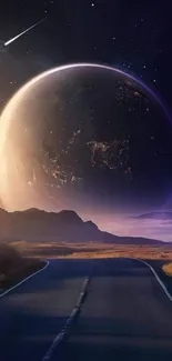 Cosmic road with a night sky and glowing planet.