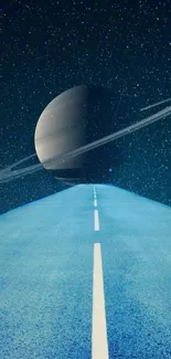 Wallpaper of a cosmic road leading to Saturn under a starry night sky.