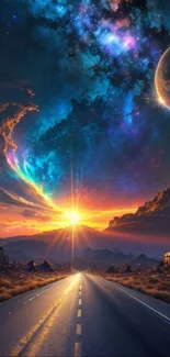 Cosmic road with vibrant galaxy and setting sun creating a surreal universe scene.