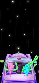 Two colorful figures on a surreal car journey under a night sky filled with stars.