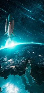 Rocket launching above Earth with teal cosmic background.