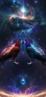 Two colorful roosters in a cosmic galaxy background, creating a stellar view.