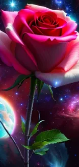 Vibrant pink cosmic rose with a galaxy background.