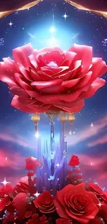 Vibrant cosmic rose blooms in a celestial fantasy setting.