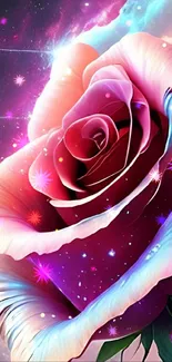 Stunning pink cosmic rose set against a vibrant galaxy background.