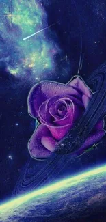 Cosmic rose in galaxy with stars and planet rings.