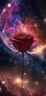 A cosmic scene featuring a red rose with a galaxy backdrop.