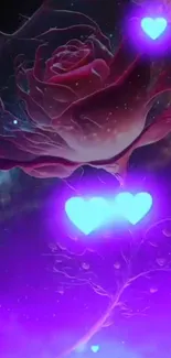 Cosmic rose with neon hearts glowing in a galaxy background.