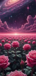 Field of pink roses under a galaxy-filled sky.
