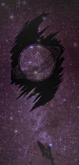 Dark purple galaxy wallpaper with Saturn art.