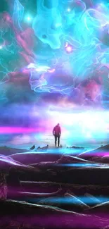 Person standing by a cosmic sea under vibrant purple and teal skies.