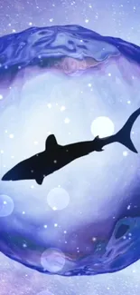 Silhouette of a shark in a cosmic water sphere wallpaper.