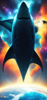 Futuristic shark floats in colorful outer space above planet Earth.