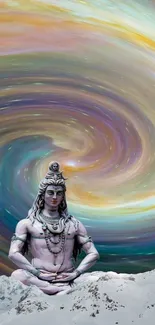 Lord Shiva meditating with cosmic swirl background in art.