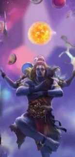 Vibrant cosmic depiction of Shiva with planets and mystical background.