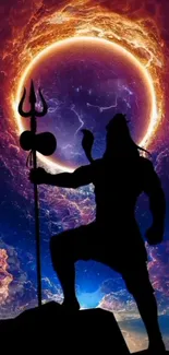 Cosmic silhouette of Shiva with vibrant celestial eclipse.