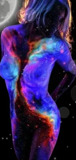 Cosmic silhouette with galaxy colors on a dark background.