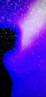 Silhouette against a starry purple and blue cosmic background.