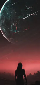 Silhouette under a cosmic sky with a colorful planet and shooting stars.
