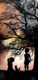 Silhouette of children, cat, and tree with colorful planets in the background.