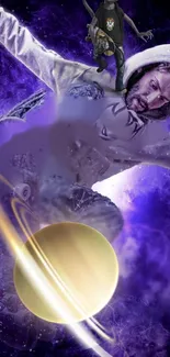 A skateboarder performs tricks against a purple cosmic background adorned with planets.