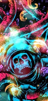 Skull astronaut with colorful tentacles on a cosmic-themed wallpaper.