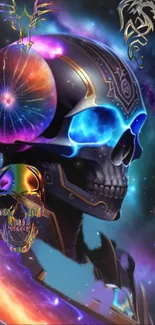 Futuristic cosmic skull with neon galaxy tones.