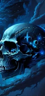 Dark blue cosmic skull art wallpaper with a starry background.