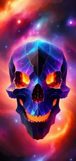 Vibrant cosmic skull design with neon colors and galaxy background for mobile wallpaper.