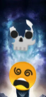 Cosmic wallpaper with skull and dizzy face emoji on a starry background.