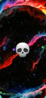 Colorful cosmic skull wallpaper with vibrant nebula background.