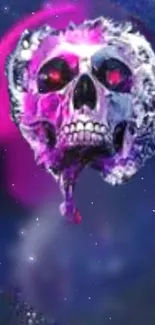 Cosmic skull with vibrant purple hues against a space background.