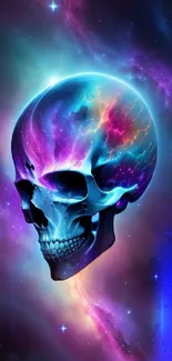 Cosmic skull with vibrant nebula background.