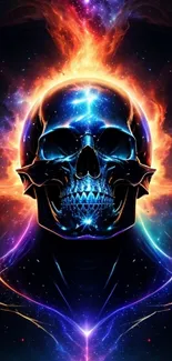 Vibrant cosmic skull wallpaper with electric blue glow and fiery accents.