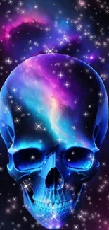 Colorful cosmic skull with galaxies and stars.