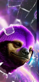 Purple sloth in cosmic space-themed wallpaper art.