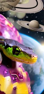 Colorful snake with Saturn in space, vibrant cosmic wallpaper.