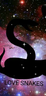 Snake silhouette with cosmic galaxy background.