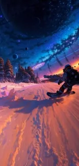 Cosmic snowboarding wallpaper with vibrant colors and a futuristic space setting.