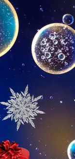 Mobile wallpaper with bubbles and a snowflake on a deep blue background.